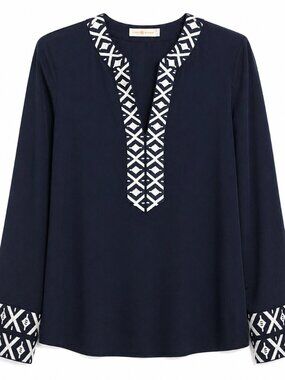 Tory Burch Navy Blue Tunic Blouse Geometric Trim V-Neck Long Sleeve size 2 boho